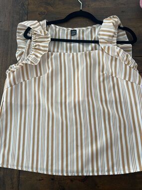 SHEIN White and Tan Striped Ruffle Strap Camisole